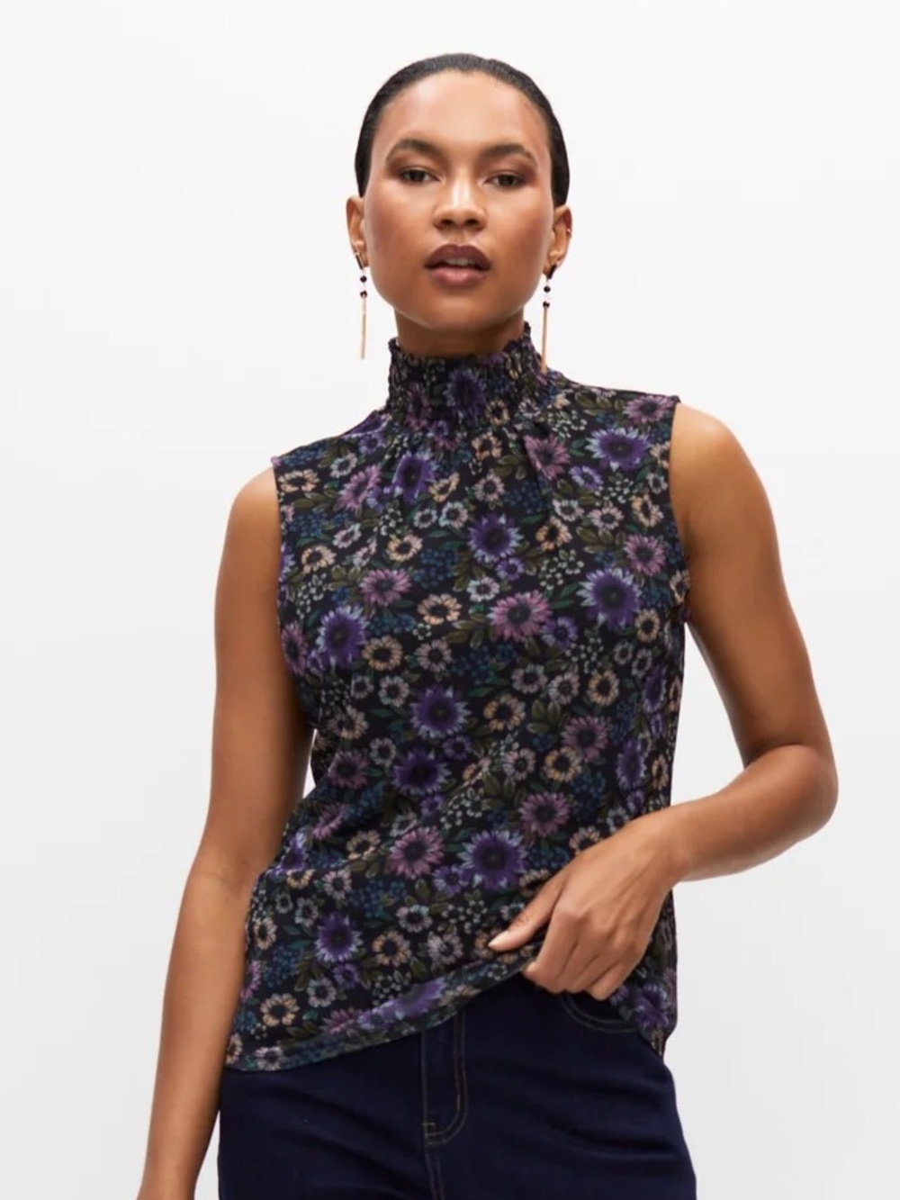 Sleeveless Mock-Neck Floral Cropped Jeans Top - Purple